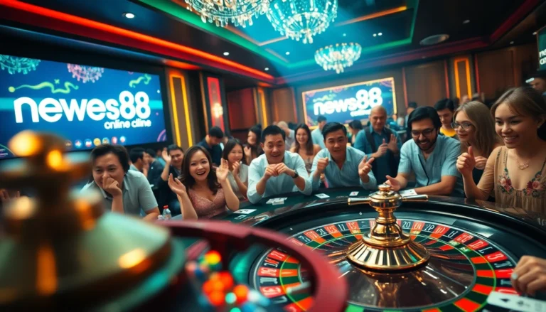 Experience thrilling betting at the new88 online casino with players at the roulette table, excitement in the air.