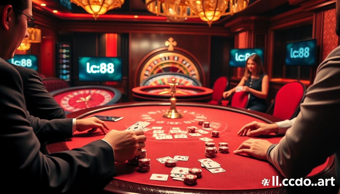 Experience the thrill of high-stakes poker at LC88 online casinos, featuring dynamic chip stacks and intense players.