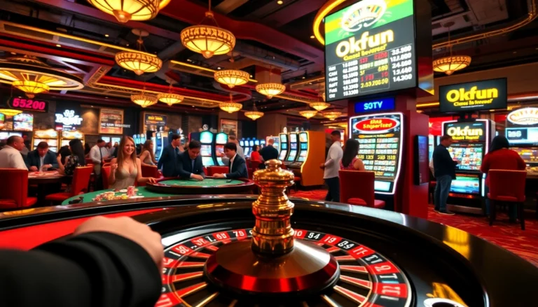 Experience the thrill at a casino's trang chủ okfun with players enjoying roulette and slot machines under vibrant lights.